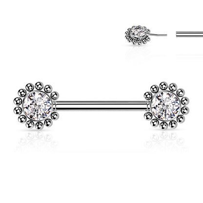 Threadless Beaded Ball Edge and CZ Center On Each Side Nipple Barbell