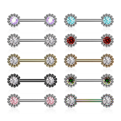 Threadless Beaded Ball Edge and CZ Center On Each Side Nipple Barbell