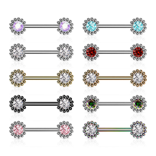 Threadless Beaded Ball Edge and CZ Center On Each Side Nipple Barbell