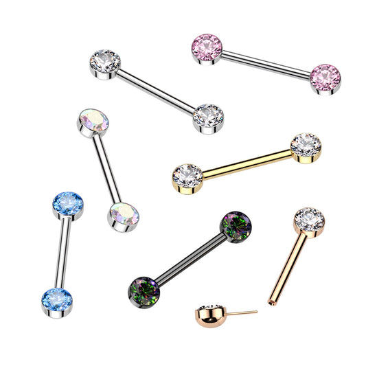 Threadless Nipple Barbell With Bezel Set CZ Ends