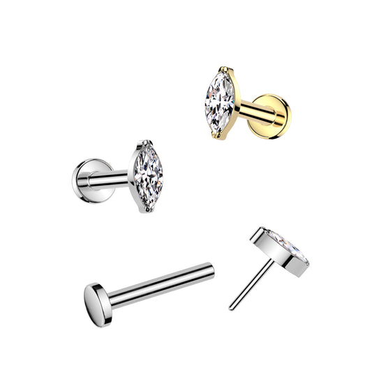 Threadless Push In Flat Back Stud With Marquise CZ Top