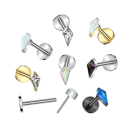 Threadless 18g Labret With Diamond Shaped (CZ or Opal) Spear Top