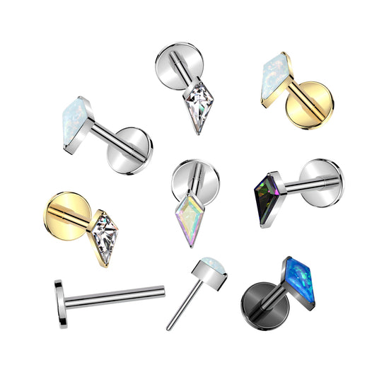 Threadless 18g Labret With Diamond Shaped (CZ or Opal) Spear Top