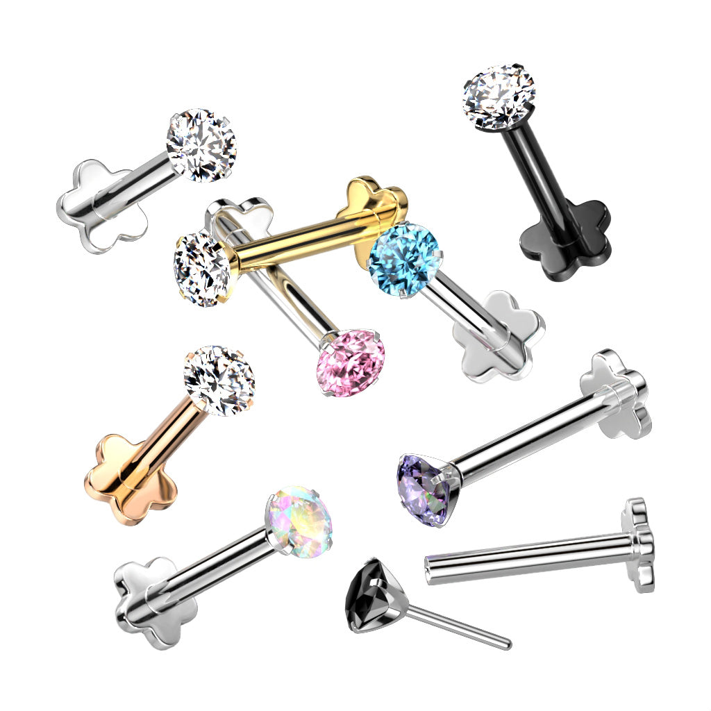 Threadless Push in Flower Base Labret With Prong Set CZ Top