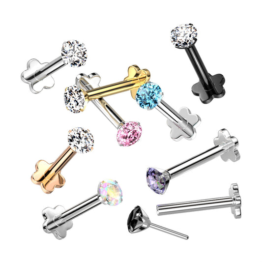 Threadless Push in Flower Base Labret With Prong Set CZ Top