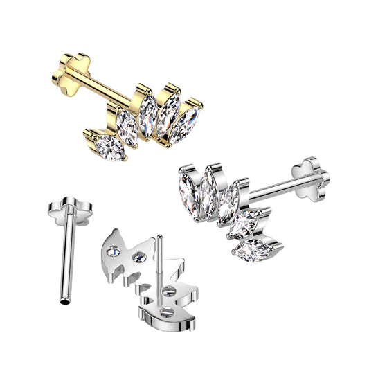 Threadless 18g Flower Base Labret With 5 Marquise CZ Fan Top Flat-Back Labret