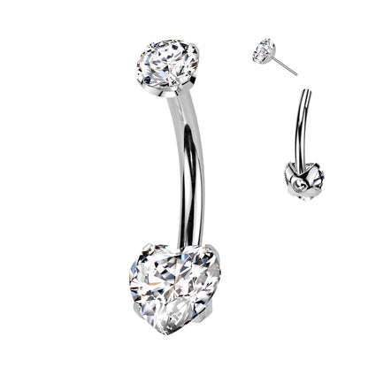 Threadless Navel CZ Heart Prong Set Bottom, CNC Round Claw Set CZ Top