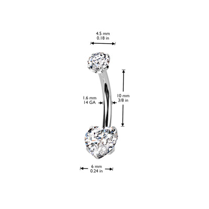 Threadless Navel CZ Heart Prong Set Bottom, CNC Round Claw Set CZ Top