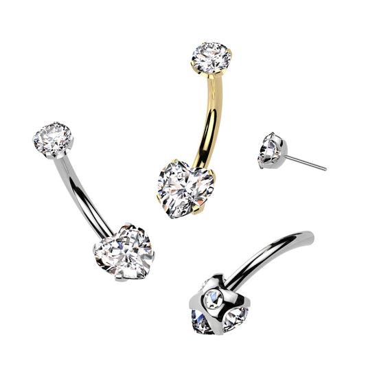 Threadless Navel CZ Heart Prong Set Bottom, CNC Round Claw Set CZ Top