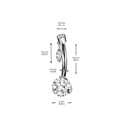 Threadless Navel Prong Set Bottom With Bezel Set CZ and Marquise CZ Dangle Top