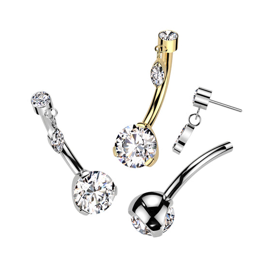 Threadless Navel Prong Set Bottom With Bezel Set CZ and Marquise CZ Dangle Top