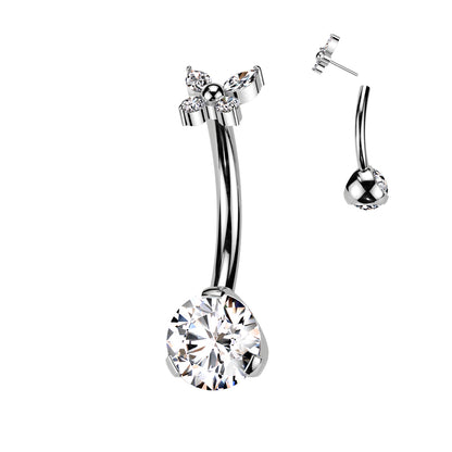 Threadless Navel Prong Set CZ Bottom, CZ Butterfly Top