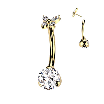 Threadless Navel Prong Set CZ Bottom, CZ Butterfly Top