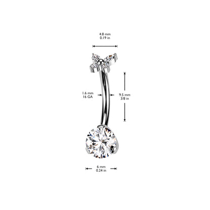 Threadless Navel Prong Set CZ Bottom, CZ Butterfly Top