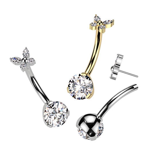 Threadless Navel Prong Set CZ Bottom, CZ Butterfly Top