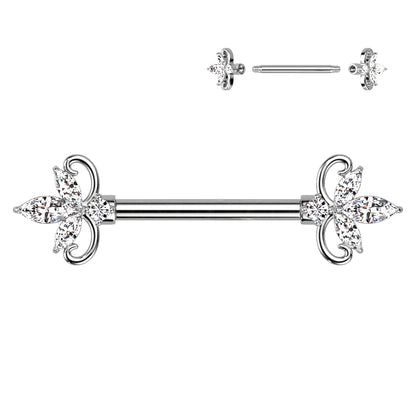 Double Heart 3 Marquise CZ Nipple Barbell