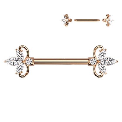 Double Heart 3 Marquise CZ Nipple Barbell