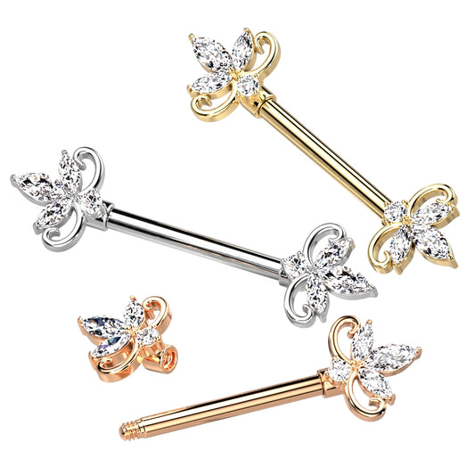 Double Heart 3 Marquise CZ Nipple Barbell