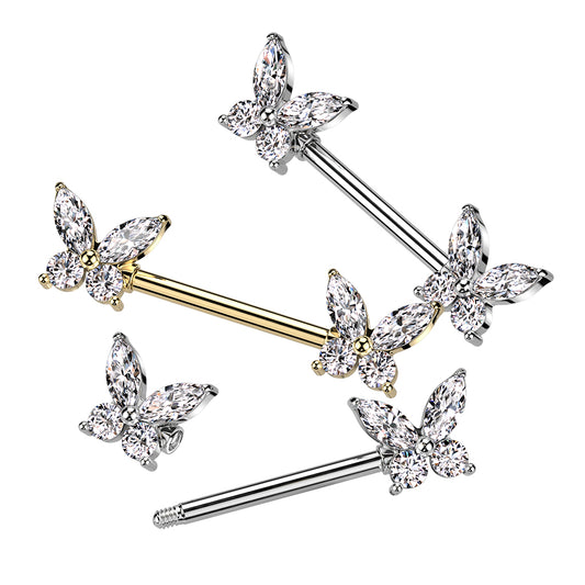 CZ Butterfly Ends Nipple Barbell