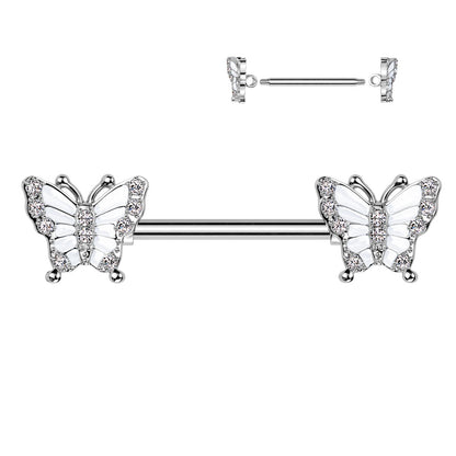 Nipple Barbell With Pave CZ Butterfly Ends