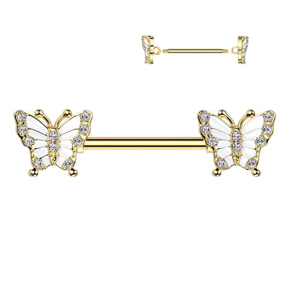 Nipple Barbell With Pave CZ Butterfly Ends