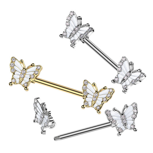 Nipple Barbell With Pave CZ Butterfly Ends