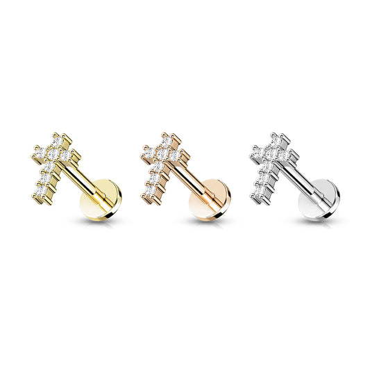 Round CZ Paved Cross Top Flat Back Stud
