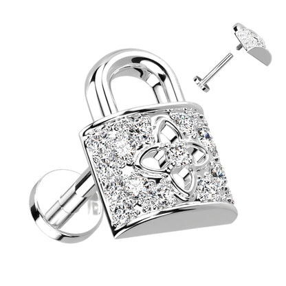 CZ Paved Lock Top on Flat Back Stud for Labret