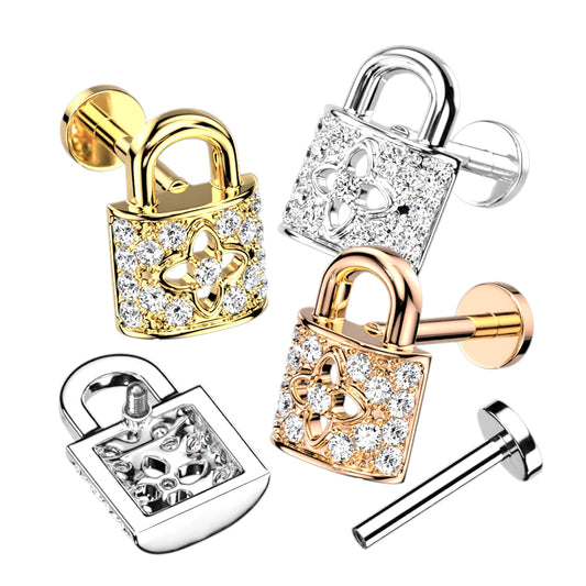 CZ Paved Lock Top on Flat Back Stud for Labret