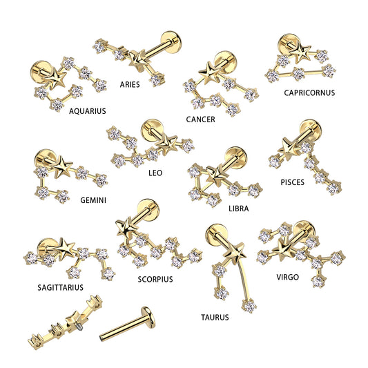 Gold Plated CZ Zodiac Constellation Labret Stud