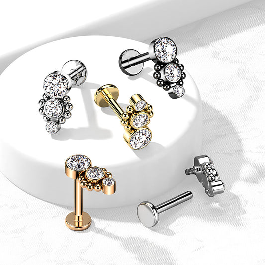 Triple CZ Round Dropdown With Ball Cluster Flat Back Stud