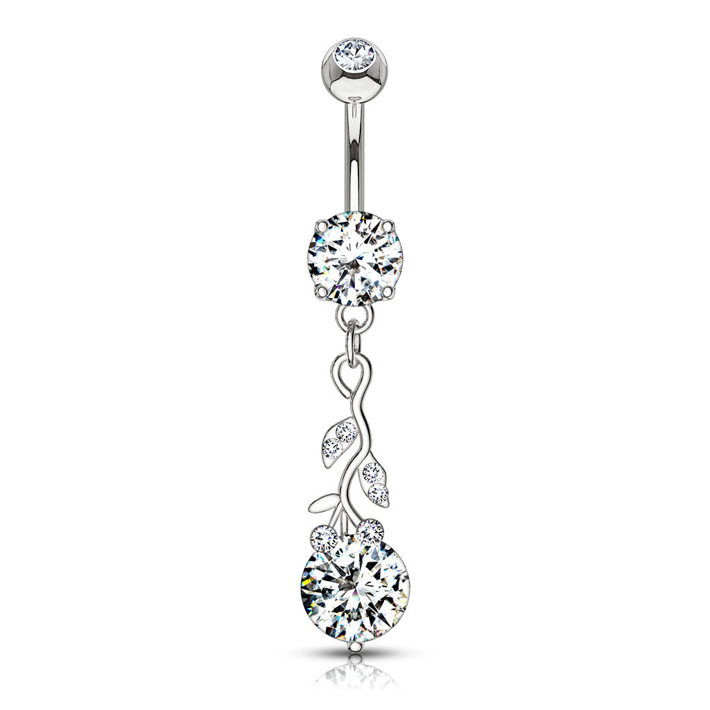 Gemmed Leafs with Round CZ Dangle Navel Bar
