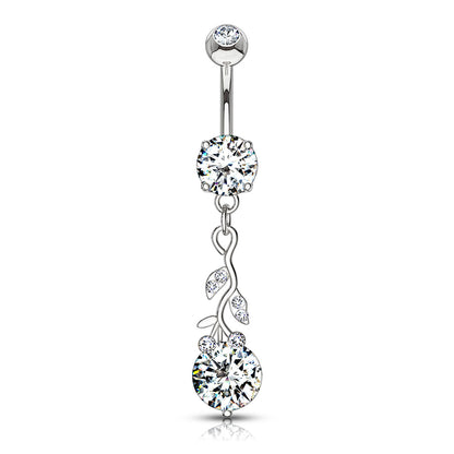Gemmed Leafs with Round CZ Dangle Navel Bar