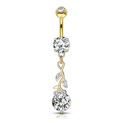Gemmed Leafs with Round CZ Dangle Navel Bar