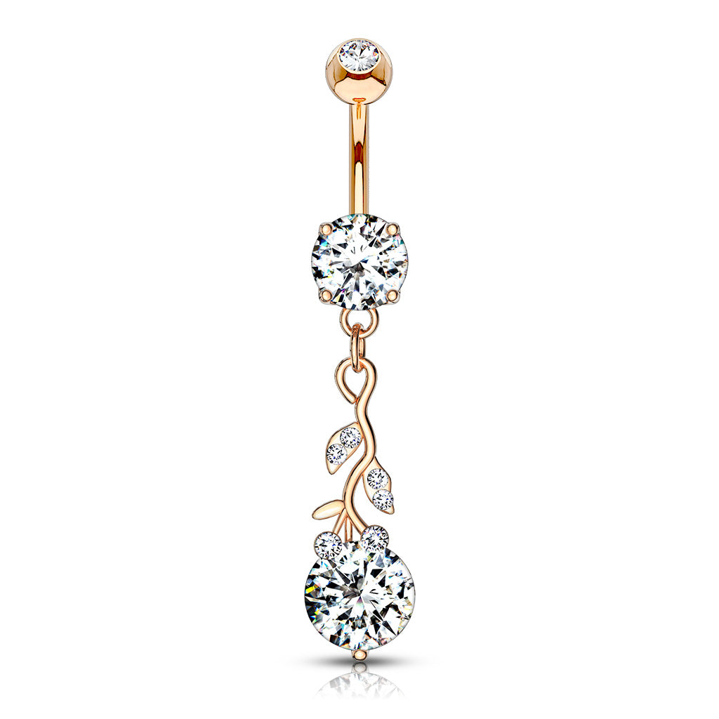 Gemmed Leafs with Round CZ Dangle Navel Bar