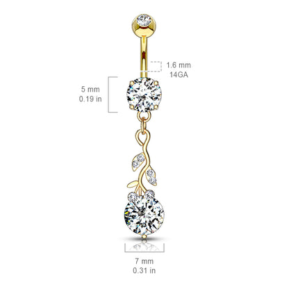 Gemmed Leafs with Round CZ Dangle Navel Bar