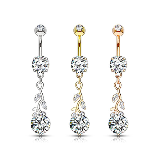 Gemmed Leafs with Round CZ Dangle Navel Bar