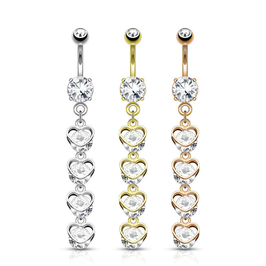 Four Vertical Drop CZ Set Hearts Dangle Navel Bar