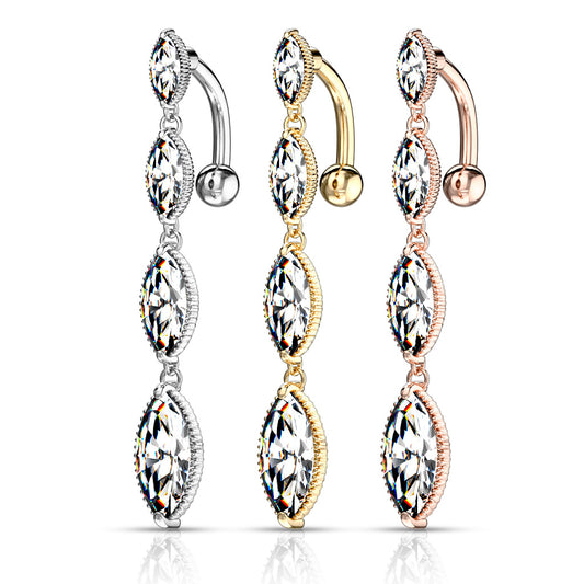 Four Marquise CZ Vertical Drop Top Drop Navel Bar