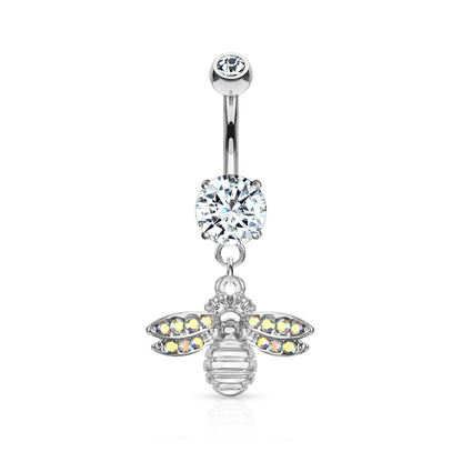 Bee with AB Crystal Paved Wings Dangle Double Jeweled Navel Bar