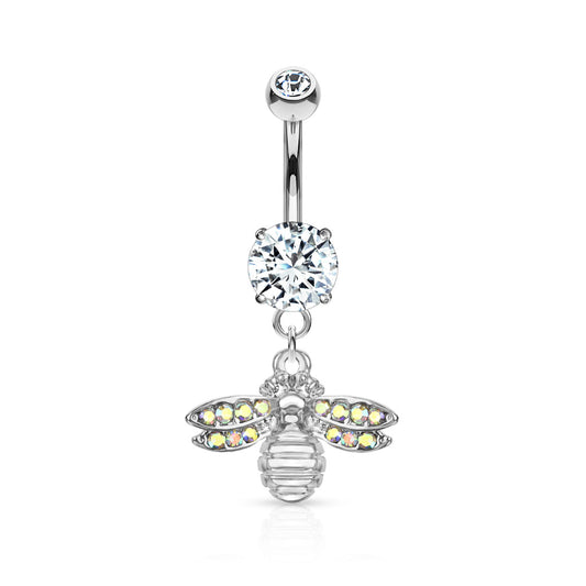 Bee with AB Crystal Paved Wings Dangle Double Jeweled Navel Bar