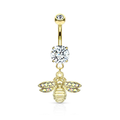 Bee with AB Crystal Paved Wings Dangle Double Jeweled Navel Bar
