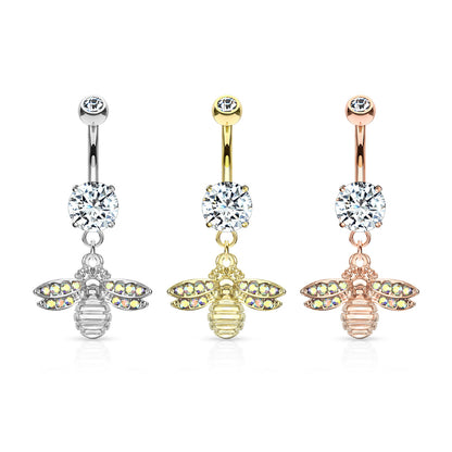 Bee with AB Crystal Paved Wings Dangle Double Jeweled Navel Bar