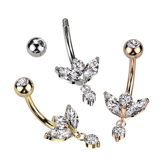 Marquise CZ Sprout and Small CZ Dangle Navel Bar