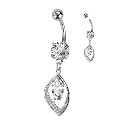 Hollow CZ Pave Leaf and Marquise CZ Center Navel Bar