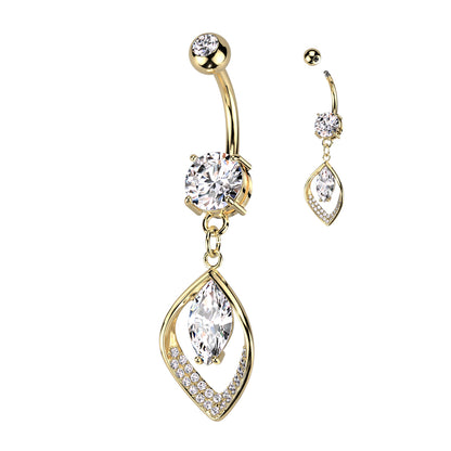 Hollow CZ Pave Leaf and Marquise CZ Center Navel Bar