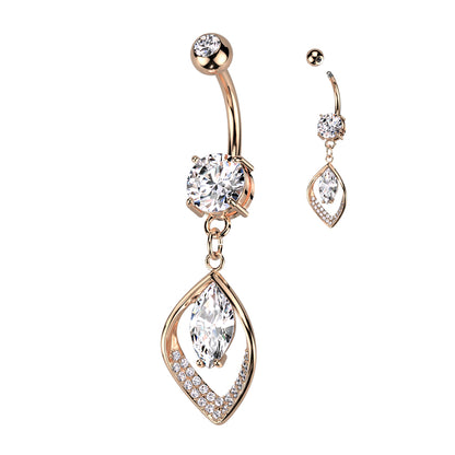 Hollow CZ Pave Leaf and Marquise CZ Center Navel Bar