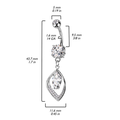 Hollow CZ Pave Leaf and Marquise CZ Center Navel Bar