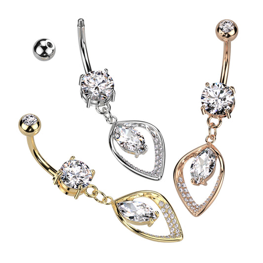 Hollow CZ Pave Leaf and Marquise CZ Center Navel Bar