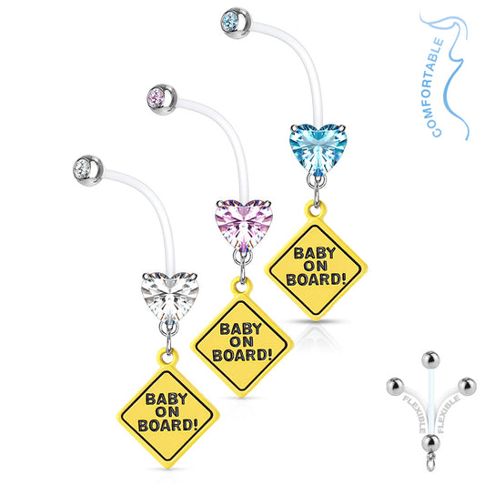 Double Jeweled Prong Set Heart CZ with Baby on Board Sign Dangle Pregnancy Bioflex Navel Bar